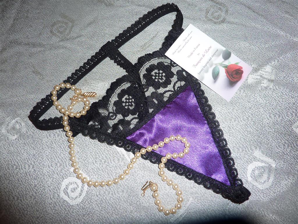 Purple satin and lace G string